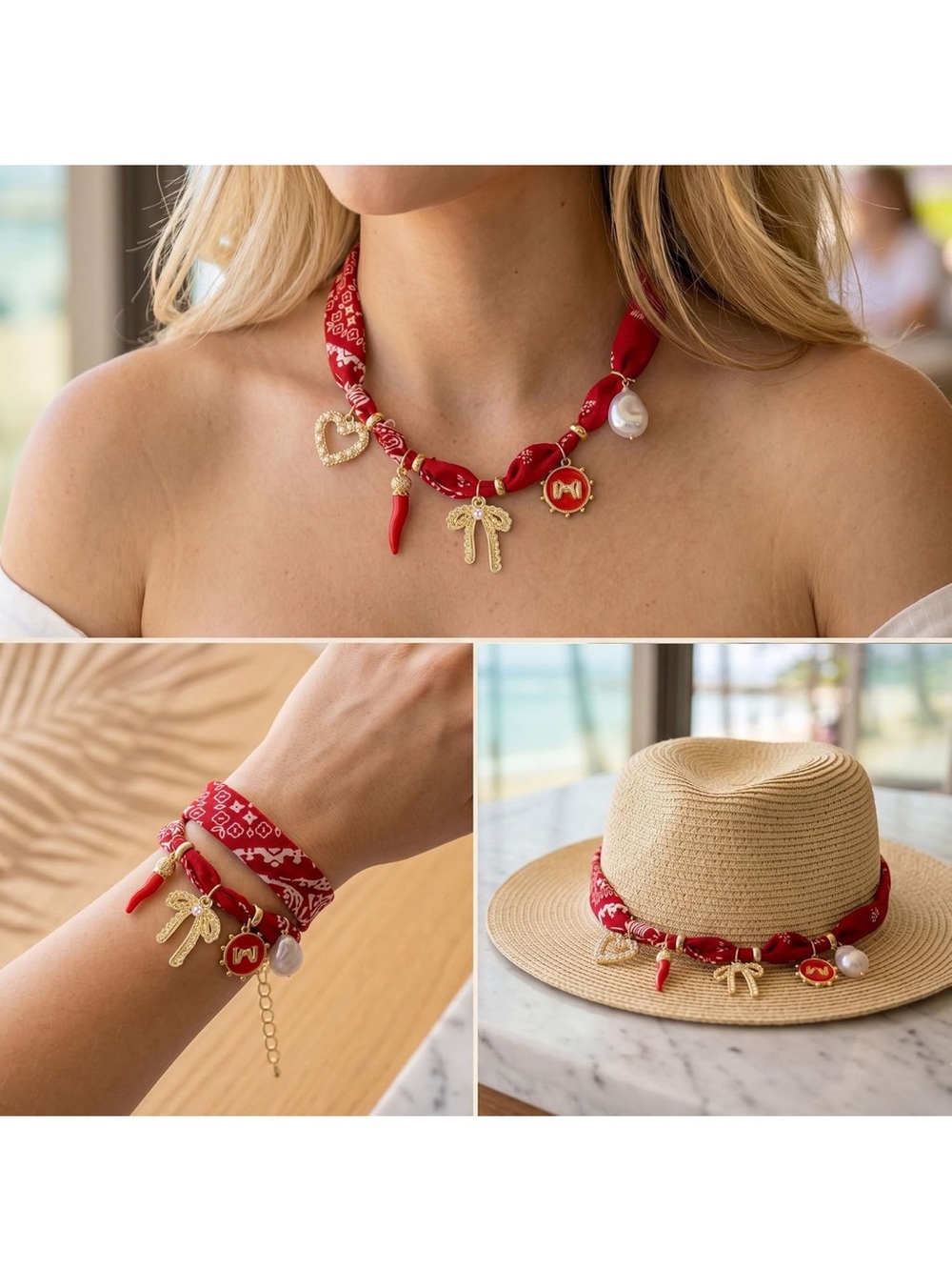 Anthropologie Red Paisley Bandana Silk Charm Choker with Gold Accents - Picture 3 of 3